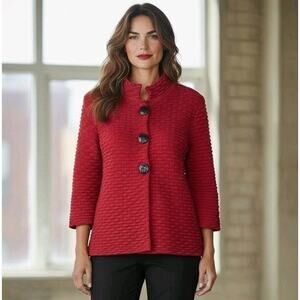 J M Collection Cardigan Textured Sweater Sz PM Red 3/4 Sleeve Big Buttons Office